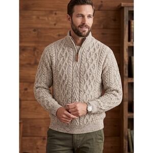 The Irish Store Sweater Mens M Beige 100% Merino Wool Cable Knit Ireland 1/4 Zip